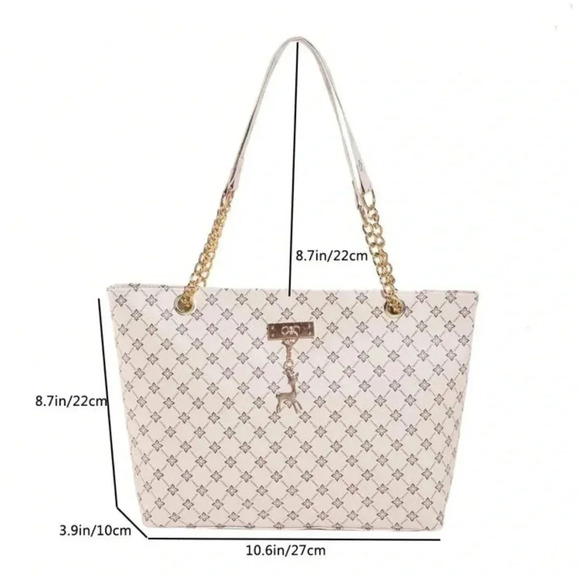 ⚠️Clearance Beige White Patterned Large Tote Shoulder Bag Gold Pendant - Picture 11 of 11